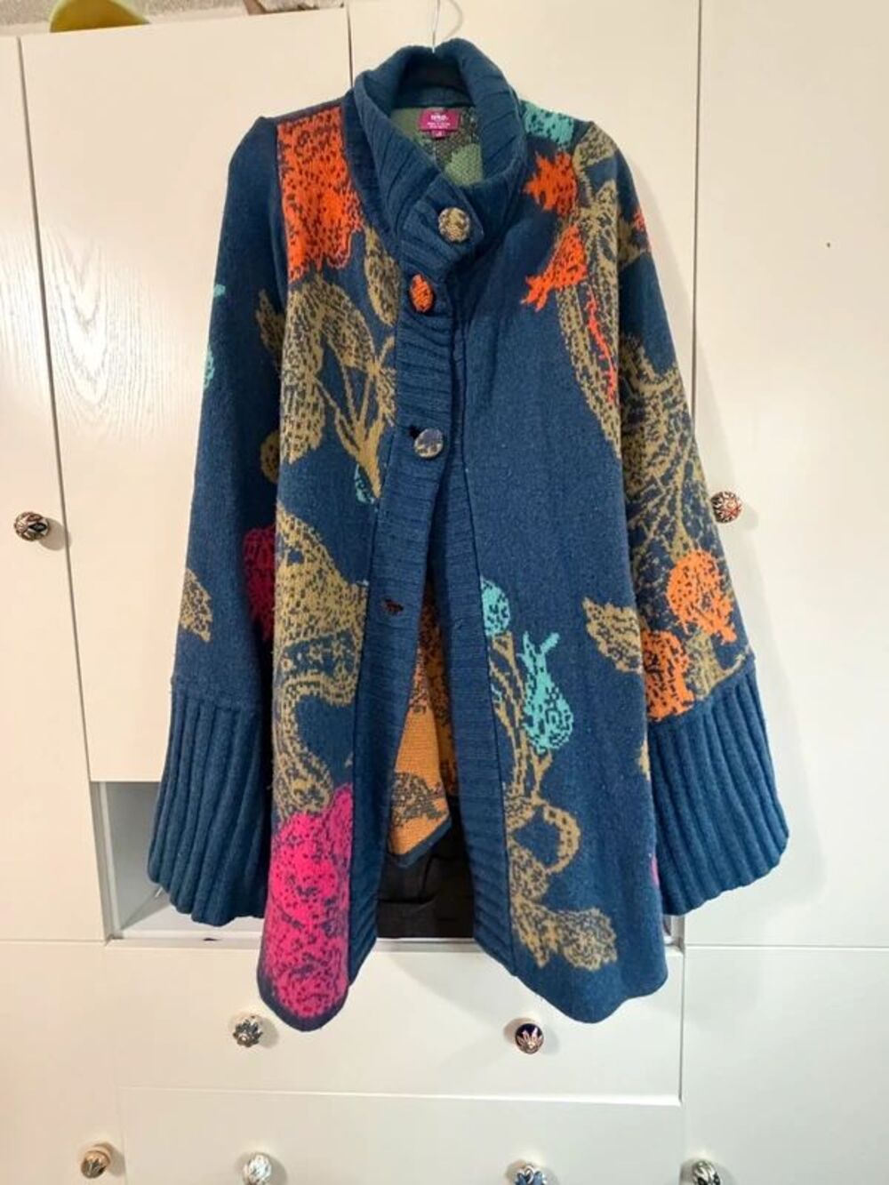 Anthropologie I Free People Floral Wool Knit Cardigan Cape Coat One Size